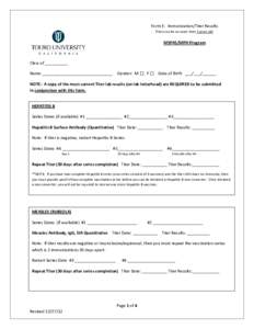 Form E: Immunization/Titer Results Titers can be no more than 5 years old. MSPAS/MPH Program  Class of __________