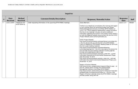 DURHAM YORK ENERGY CENTRE COMPLAINT & INQUIRY PROTOCOL LOG JUNE[removed]Inquiries # 1