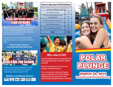 How to raise your $100 minimum Register online and set up your fundraising page at: www.SpecialOlympicsHawaii.org Plunge with friends and join