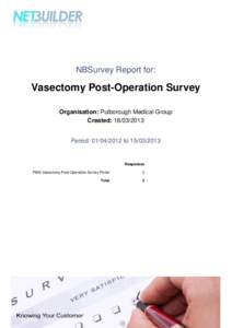 NBSurvey Report for:  Vasectomy Post-Operation Survey Organisation: Pulborough Medical Group Created: [removed]Period: [removed]to[removed]