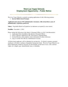 West Las Vegas Schools Employment Opportunity – Public Notice West Las Vegas Schools is currently accepting applications for the following position: 