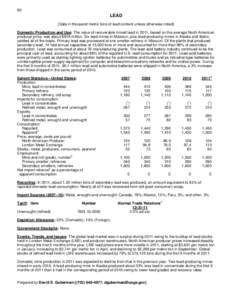 90  LEAD (Data in thousand metric tons of lead content unless otherwise noted) Domestic Production and Use: The value of recoverable mined lead in 2011, based on the average North American producer price, was about $918 