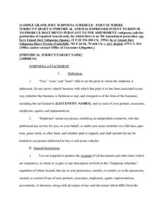 [SAMPLE GRAND JURY SUBPOENA SCHEDULE: FOR USE WHERE SUBJECT/TARGET IS INDIVIDUAL AND HAS EXPRESSED INTENT TO REFUSE TO PRODUCE DOCUMENTS PURSUANT TO 5TH AMENDMENT--subpoena calls for production of required records only, 