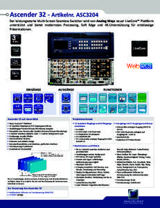 Ascender 32 - Artikelnr. ASC3204  Der leistungsstarke Multi-Screen Seamless Switcher wird von Analog Ways neuer LiveCore™ Plattform unterstützt und bietet modernstes Processing, Soft Edge und 4K-Unterstützung für er