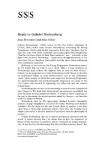 Reply to Gabriel Stolzenberg Jean Bricmont and Alan Sokal Gabriel Stolzenberg’s[removed]review of The One Culture (Labinger &