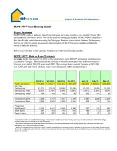 HOPE NOW State Housing Report Report Summary HOPE NOW collects industry data from mortgage servicing members on a monthly basis. The data collected represents about 70% of the national mortgage market. HOPE NOW extrapola