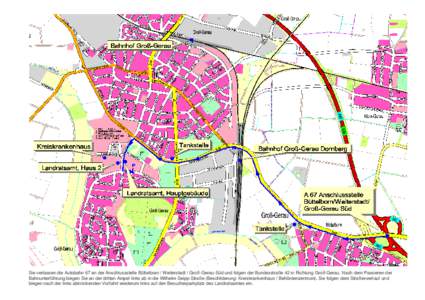 Sie verlassen die Autobahn 67 an der Anschlussstelle Büttelborn / Weiterstadt / Groß-Gerau-Süd und folgen der Bundesstraße 42 in Richtung Groß-Gerau. Nach dem Passieren der Bahnunterführung biegen Sie an der dritte
