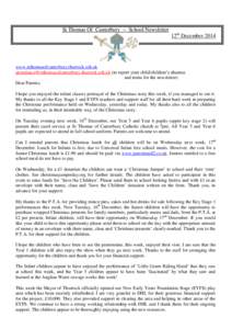 St Thomas Of Canterbury ~ School Newsletter 12th December 2014 www.stthomasofcanterbury.thurrock.sch.uk [removed] (to report your child/children’s absence and items for the newslet
