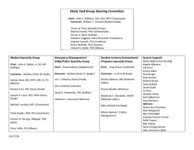 Ebola Task Group Steering Committee Chair: John F. Williams, MD, EdD, MPH (Downstate) Convener: William F. Howard [Barbara Boyle] Chairs of Three Specialty Groups Martha Asselin, PhD (Schenectady) Dennis R. Black (Buffal