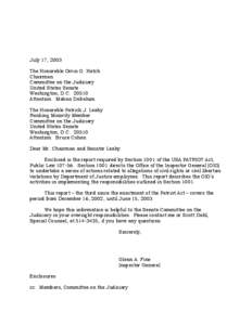 Patrick Leahy / Patriot Act / John Conyers / Inspector General / United States Department of Justice / Government / Politics of the United States / Dismissal of U.S. attorneys controversy documents / Impeachment investigations of United States federal judges / Law / Dismissal of United States Attorneys controversy / Middlesex /  Vermont