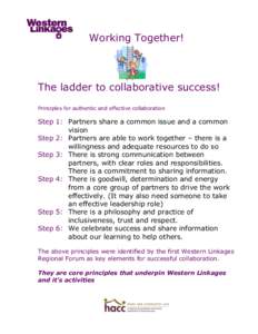Working Together!  The ladder to collaborative success! Principles for authentic and effective collaboration  Step 1: Partners share a common issue and a common