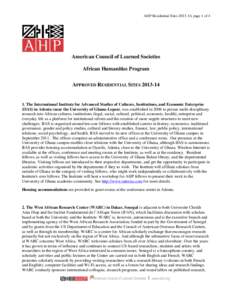 AHP Residential Sites[removed], page 1 of 4  American Council of Learned Societies African Humanities Program APPROVED RESIDENTIAL SITES[removed]