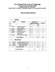 West Bengal University of Technology BF-142, Salt Lake City, Kolkata[removed]Syllabus of First Year B.E/B.Tech (ME,CE,BT,FT,CHE,PE,IT,CSE,BME,Marine,LT,TT,Ceramic,AUE )from[removed]FIRST YEAR FIRST SEMESTER