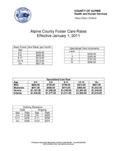 COUNTY OF ALPINE Health and Human Services Stacy Olson, Director Alpine County Foster Care Rates Effective January 1, 2011