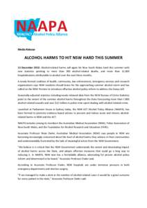 Media Release  ALCOHOL HARMS TO HIT NSW HARD THIS SUMMER 13 December 2012: Alcohol-related harms will again hit New South Wales hard this summer with new statistics pointing to more than 300 alcohol-related deaths, and m