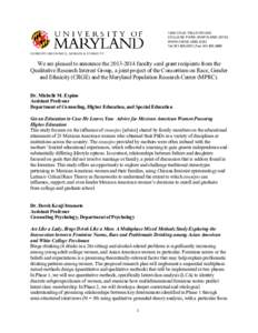1208 COLE FIELD HOUSE COLLEGE PARK, MARYLAND[removed]WWW.CRGE.UMD.EDU Tel: [removed] | Fax: [removed]CONSORTIUM O N RACE, GE NDER, & ETHNICITY