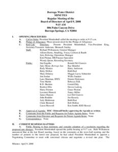 Borrego Water District MINUTES Regular Meeting of the Board of Directors of April 9, 2008 9:15 AM 806 Palm Canyon Drive