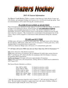 Season Information The Blazers Youth Hockey Club is a member of the Delaware Valley Hockey League and USA Hockey, and anticipates fielding travel teams at AA, A & B levels in each age group. Final level determina