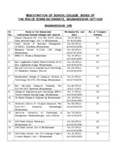 REGISTRATION OF SCHOOL/COLLEGE BUSES OF THE POLICE COMMISSIONERATE, BHUBANESWAR-CUTTACK BHUBANESWAR UPD Sl. No. 1.