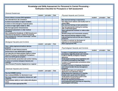 Knowledge and Skills Assessment for Personnel in Central Processing – Verification Checklist for Preceptors or Self-assessment General Awareness student  preceptor
