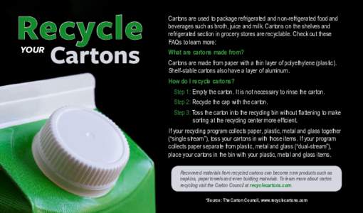 Recycle YOUR Cartons  Cartons are used to package refrigerated and non-refrigerated food and