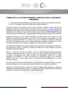 Dirección General Adjunta de Comunicación Social y Cambio Cultural Comunicado de Prensa 107, 03 de agosto de[removed]FOMENTAR LA LACTANCIA MATERNA, TAREA DE TODA LA SOCIEDAD: INMUJERES 