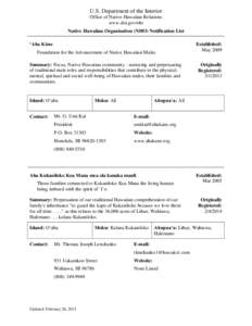 U.S. Department of the Interior Office of Native Hawaiian Relations www.doi.gov/ohr Native Hawaiian Organization (NHO) Notification List ‘Aha Kāne Foundation for the Advancement of Native Hawaiian Males