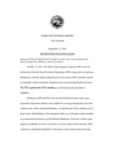 INSPECTOR GENERAL REPORT[removed]September 17, 2012 SPD BENEFITS INVESTIGATIONS Inspector General Staff Attorney Jennifer Cooper, after an investigation by