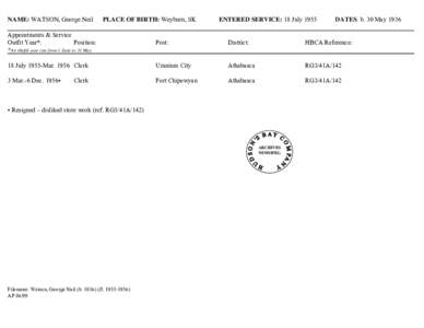 NAME: WATSON, George Neil  PLACE OF BIRTH: Weyburn, SK ENTERED SERVICE: 18 July 1955
