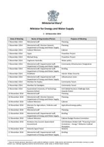 Minister diaries - Minister for Energy and Water Supply