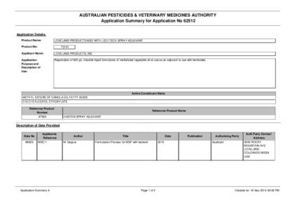 AUSTRALIAN PESTICIDES & VETERINARY MEDICINES AUTHORITY Application Summary for Application No[removed]Application Details: Product Name:  LOVELAND PRODUCTS MSO WITH LECI-TECH SPRAY ADJUVANT