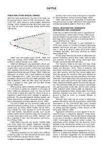 CATTLE VISION AND OTHER SPECIAL SENSES With their eyes positioned on the side of the head, cattle have panoramic vision of 330° and binocular vision of 25°–50°, which allows for good predator awareness (Phillips, 19