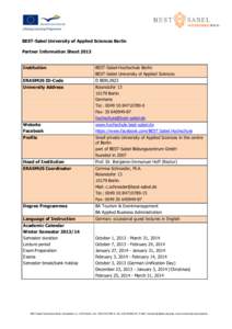 BEST-Sabel University of Applied Sciences Berlin Partner Information Sheet 2013 Institution BEST-Sabel-Hochschule Berlin BEST-Sabel University of Applied Sciences