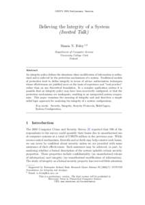 ARSPA 2004 Preliminary Version  Believing the Integrity of a System (Invited Talk) Simon N. Foley 1,2 Department of Computer Science