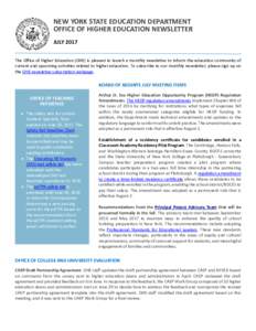 New York State Education Department Office of Higer Education Newsletter