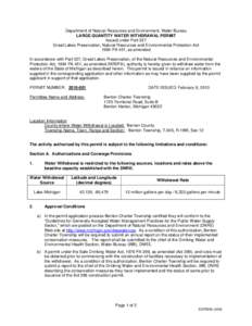 Department of Natural Resources and Environment, Water Bureau LARGE QUANTITY WATER WITHDRAWAL PERMIT Issued under Part 327 Great Lakes Preservation, Natural Resources and Environmental Protection Act 1994 PA 451, as amen