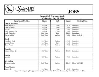 JOBS Current Job Openings As of: Wednesday, July 23, 2014 Department/Position Food & Beverage Buffet Server (2)