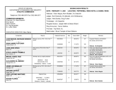 STATE OF NEVADA DEPARTMENT OF BUSINESS AND INDUSTRY ATHLETIC COMMISSION BOXING SHOW RESULTS DATE: FEBRUARY 11, 2001