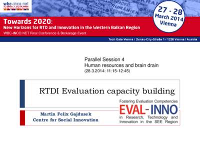 Parallel Session 4 Human resources and brain drain[removed]: 11:15-12:45) RTDI Evaluation capacity building Martin Felix Gajdusek