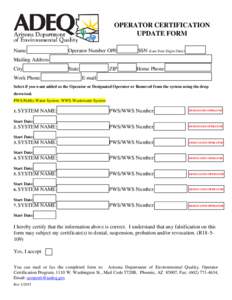 OPERATOR CERTIFICATION UPDATE FORM Name Operator Number OP0