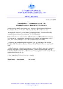 ATTORNEY-GENERAL HON ROBERT McCLELLAND MP MEDIA RELEASE 15 DecemberAPPOINTMENT OF PRESIDENT OF THE