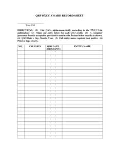 QRP DXCC AWARD RECORD SHEET ___________________________ Your Call DIRECTIONS: (1) List QSOs alpha-numerically according to the DXCC List publication. (2) Make one entry below for each QSO credit. (3) A computer