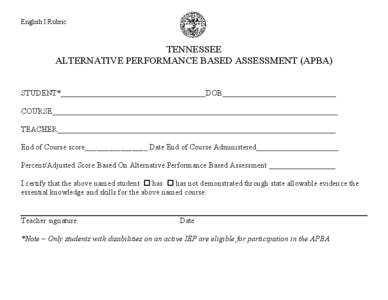 English I Rubric   TENNESSEE  ALTERNATIVE PERFORMANCE BASED ASSESSMENT (APBA)   STUDENT*_____________________________________DOB_____________________________ 