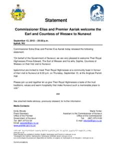`  Statement Commissioner Elias and Premier Aariak welcome the Earl and Countess of Wessex to Nunavut September 12, 2012 – 20:50 p.m.