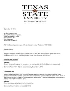 September 16, 2015  Mr. Bud J. Martin, CFI Deputy Fire Marshal-Inspector State Fire Marshal’s Office Mail Code 112-FM