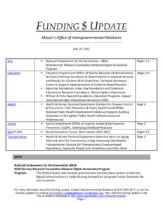 FUNDING $ UPDATE Mayor’s Office of Intergovernmental Relations _____________________________________________________________________________ July 19, 2012