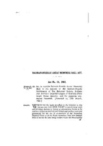 BALMAIN-ROZELLE ANZAC MEMORIAL HALL ACT.  Act No. 14, 1961. An Act to vest the Balmain-Rozelle Anzac Memorial Hall in the trustees of the Balmain-Rozelle Sub-branch of The Returned Sailors, Soldiers