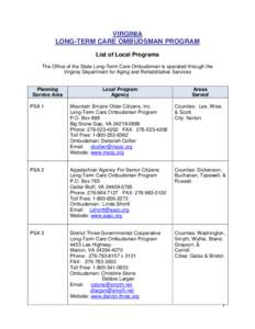 VIRGINIA LONG-TERM CARE OMBUDSMAN PROGRAM List of Local Programs The Office of the State Long-Term Care Ombudsman is operated through the Virginia Department for Aging and Rehabilitative Services