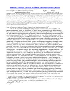 Southern Campaigns American Revolution Pension Statements & Rosters Pension application of Isaac Armstrong S16312 Transcribed by Will Graves HQ9VA f27VA