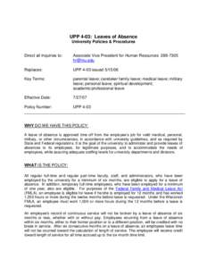 UPP 4-03: Leaves of Absence University Policies & Procedures Direct all Inquiries to:  Associate Vice President for Human Resources[removed]